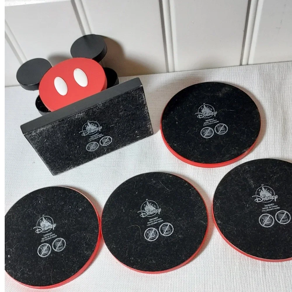 Disney Mickey Mouse Wooden Coaster Set with Holder Red Blue 4pc One‎ Size